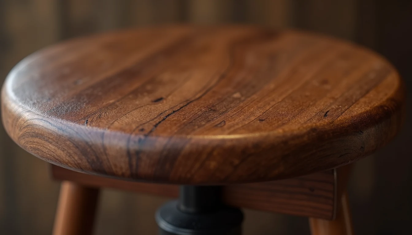 Ceviz ahşap bar sandalyesi oturma yüzeyi yakın çekim, ahşap damar detayı