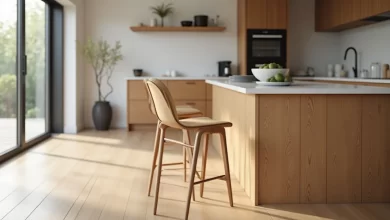 Mutfak adasında doğal meşe ahşap bar sandalyesi, modern iç mekan