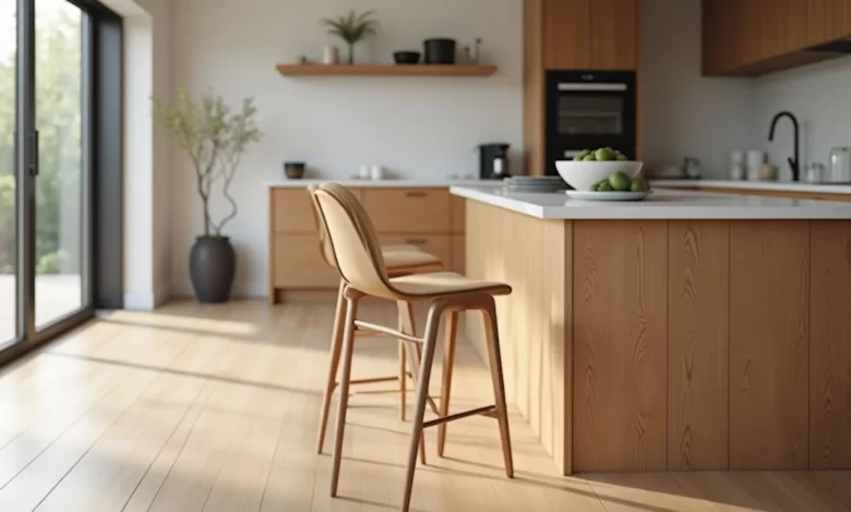 Mutfak adasında doğal meşe ahşap bar sandalyesi, modern iç mekan