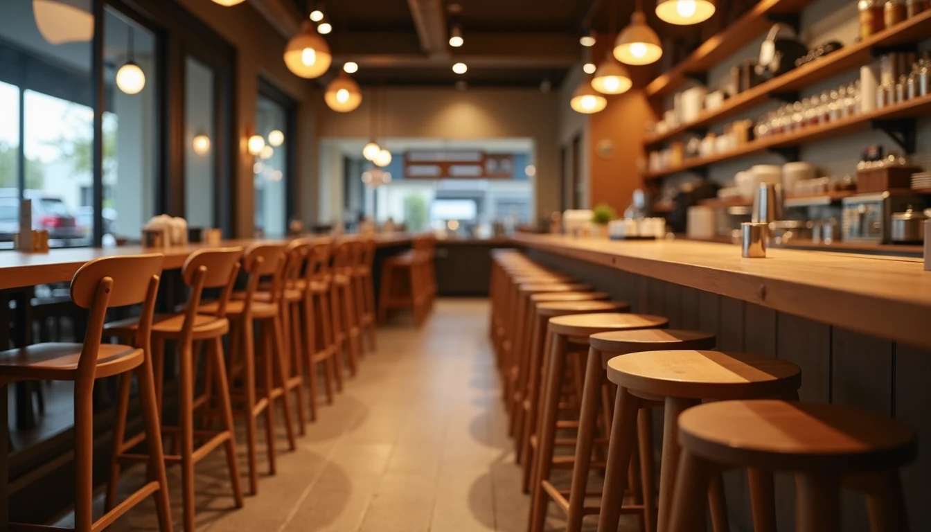 Kayın ahşap bar sandalyeleri restoran tezgahında sıralanmış, sıcak ortam ışığı