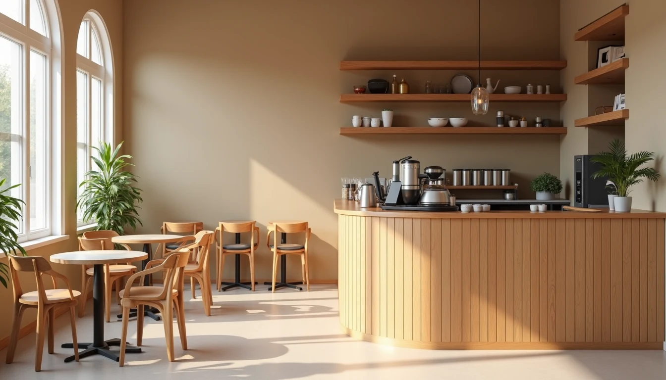 Doğal ışıklı butik cafe içinde meşe tonlarında ahşap sandalye kullanımı