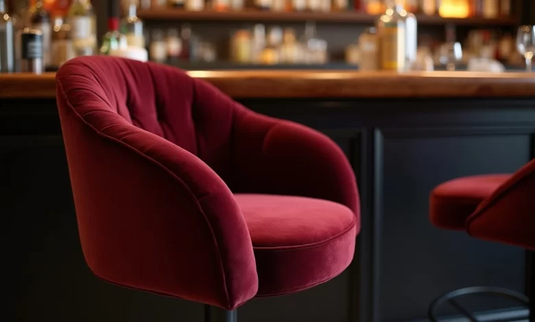 Bordo kadife döşemeli bar sandalyesi - şık kokteyl bar ortamında