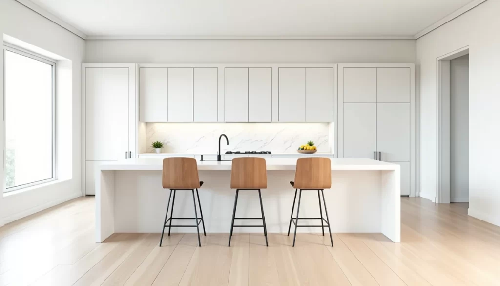 Modern mutfak adasinda farkli yuksekliklerde bar sandalyeleri