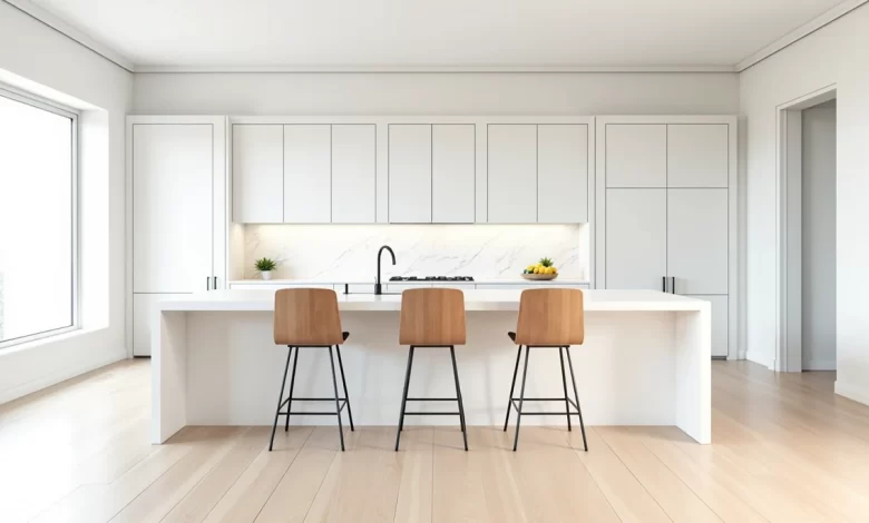 Modern mutfak adasinda farkli yuksekliklerde bar sandalyeleri