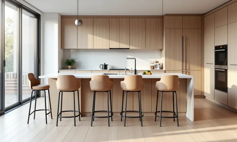 Modern mutfak adasında şık bar sandalyeleri ve minimalist dekorasyon