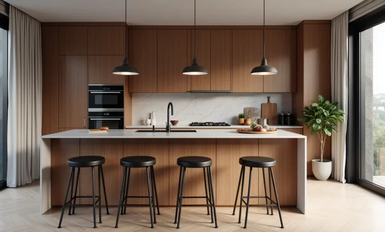 Modern mutfak adasında dekorasyona uygun seçilmiş bar sandalyeleri