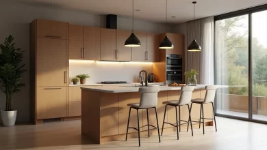 Mutfak adasındaki ergonomik sırt destekli bar sandalyeleri