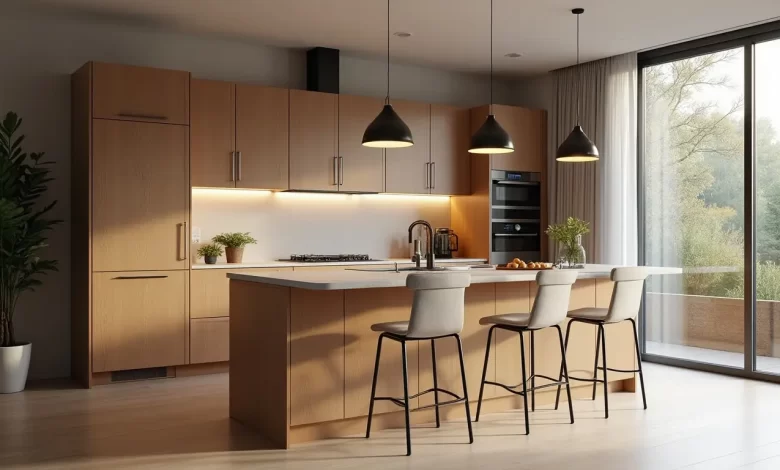 Mutfak adasındaki ergonomik sırt destekli bar sandalyeleri