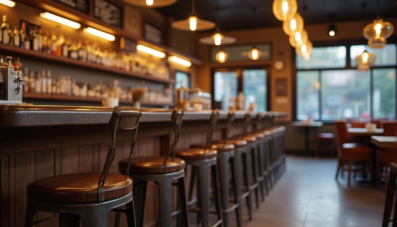 Kafe bar tezgahında doğru yükseklikte yerleştirilmiş bar sandalyeleri