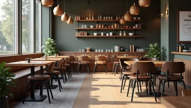 Cafe içinde ahşap ve metal sandalye seçeneklerini birlikte gösteren dekorasyon karşılaştırması