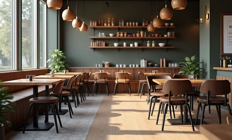 Cafe içinde ahşap ve metal sandalye seçeneklerini birlikte gösteren dekorasyon karşılaştırması