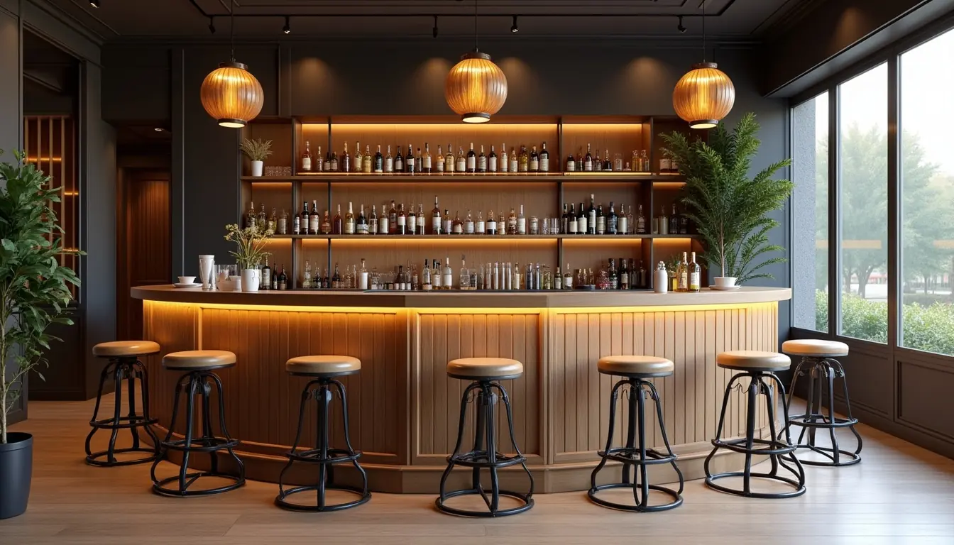 Ahşap ve metal detaylı dekorasyona uyumlu bar sandalyesi düzeni