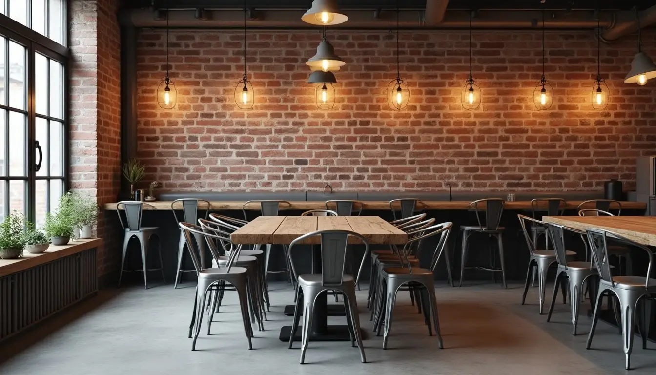 Endüstriyel kafede metal sandalye kullanımı