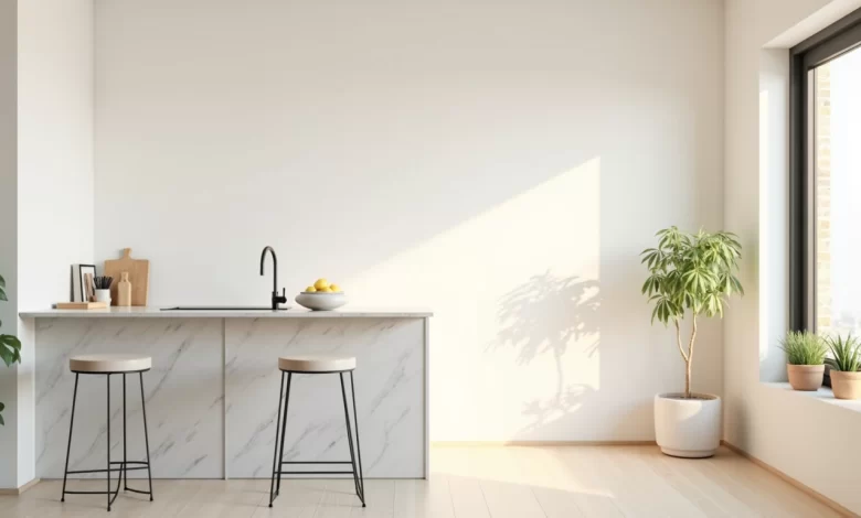 Dar alana uygun kompakt bar sandalyesi ile modern mutfak adası düzenlemesi