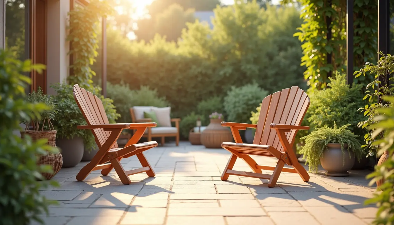 Bahçe terasında katlanır ahşap sandalye, yaz günü açık hava oturma alanı