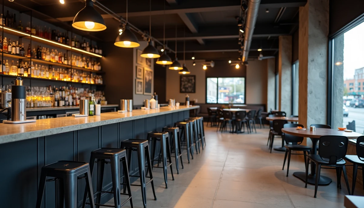 Metal bar sandalyeleri modern restoran ortamında - endüstriyel tasarım