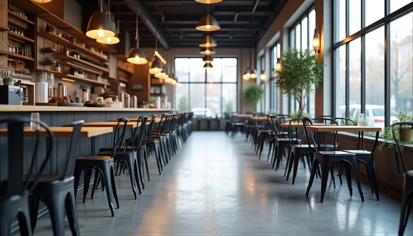 Modern cafe içinde siyah metal sandalyeler ve endüstriyel dekorasyon