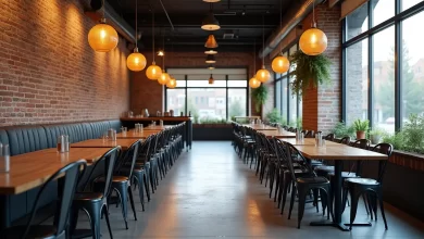 Metal sandalyelerin sıralandığı modern endüstriyel tarzda cafe iç mekan görünümü