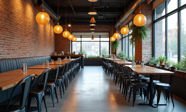 Metal sandalyelerin sıralandığı modern endüstriyel tarzda cafe iç mekan görünümü