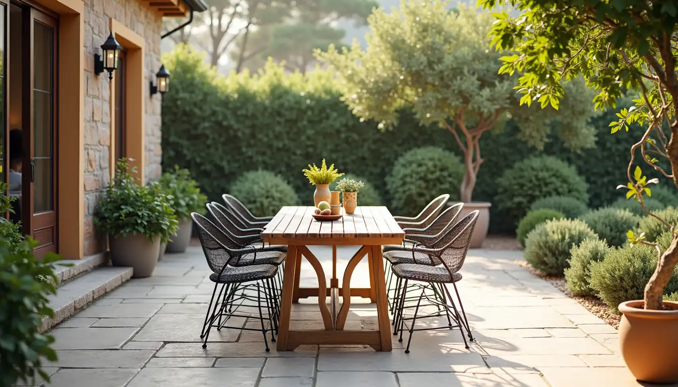 Bahçe terasta metal sandalyelerle düzenlenmiş dış mekan oturma alanı, doğal ışık ve yeşillik