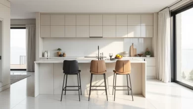 Mutfak adası önünde farklı malzemelerde modern bar sandalyesi modelleri