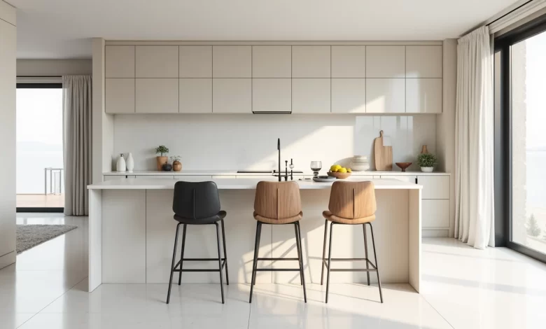 Mutfak adası önünde farklı malzemelerde modern bar sandalyesi modelleri