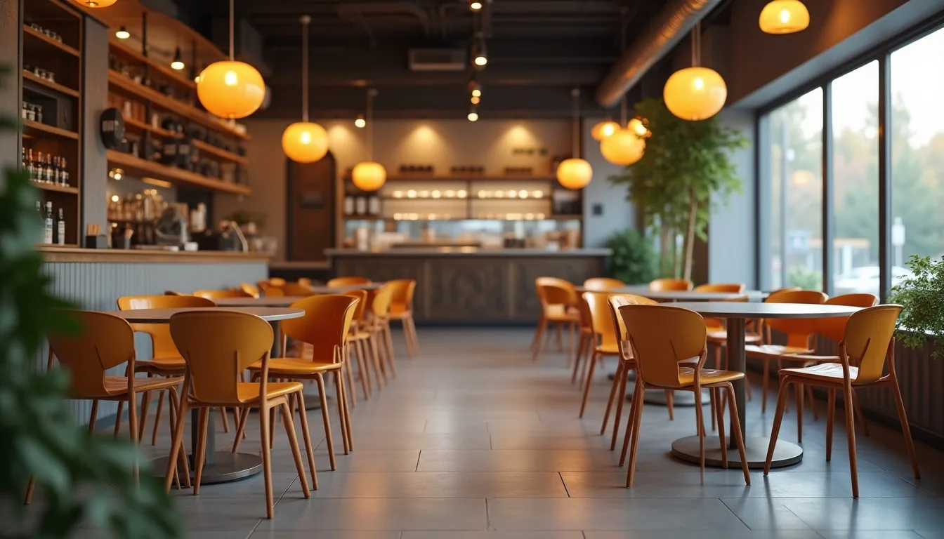 Kafe ortamında yığınlanabilir plastik sandalyeler masaların etrafında