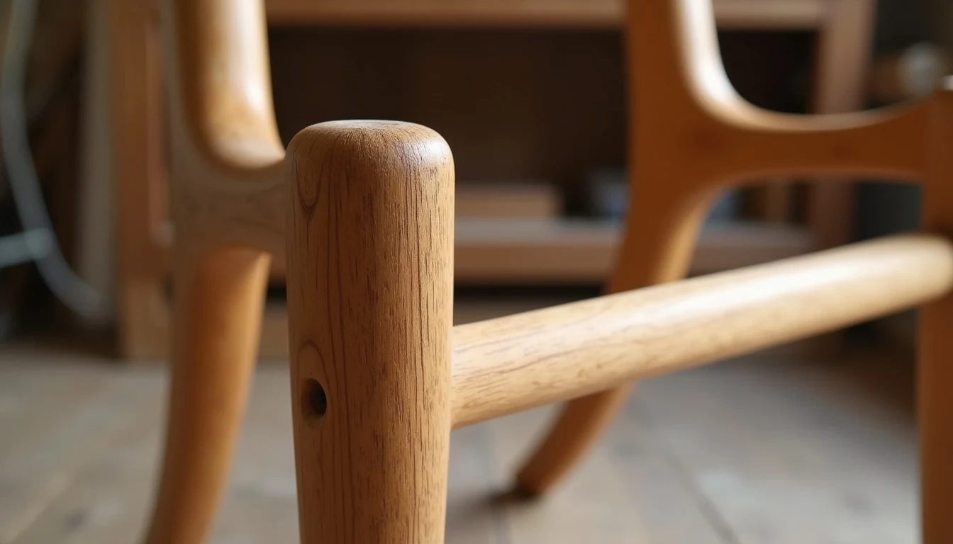 Ahşap sandalyede mortise-tenon birleştirme detayı ve sert ağaç damar yapısı
