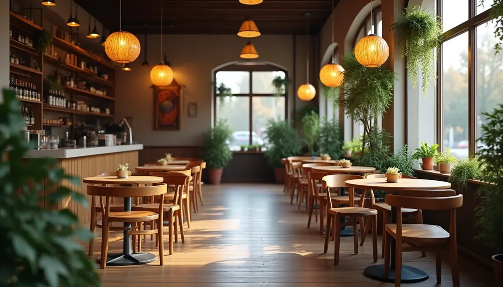 Cafe ortamında ahşap sandalyeler - sıcak atmosferli kafede doğal ahşap oturma düzeni