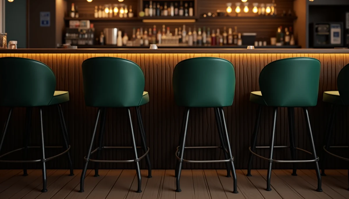 Restoran bar alanında koyu yeşil döşemeli bar sandalyeleri ve siyah metal ayak uyumu