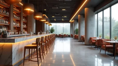 Modern bar alanında şık ahşap bar sandalyeleri, tezgah düzenlemesi