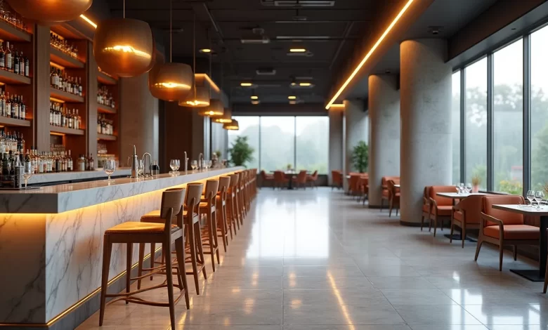 Modern bar alanında şık ahşap bar sandalyeleri, tezgah düzenlemesi