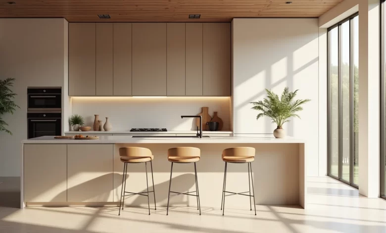 Modern mutfak adasında şık bar sandalyeleri, doğal gün ışığı ile aydınlatılmış iç mekan