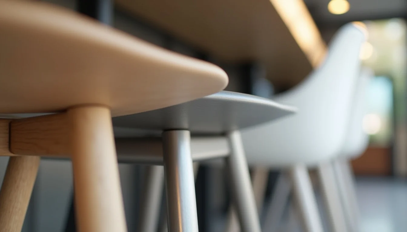 Ahşap, metal ve plastik bar sandalyesi malzemeleri yan yana, showroom ortamında karşılaştırmalı detay