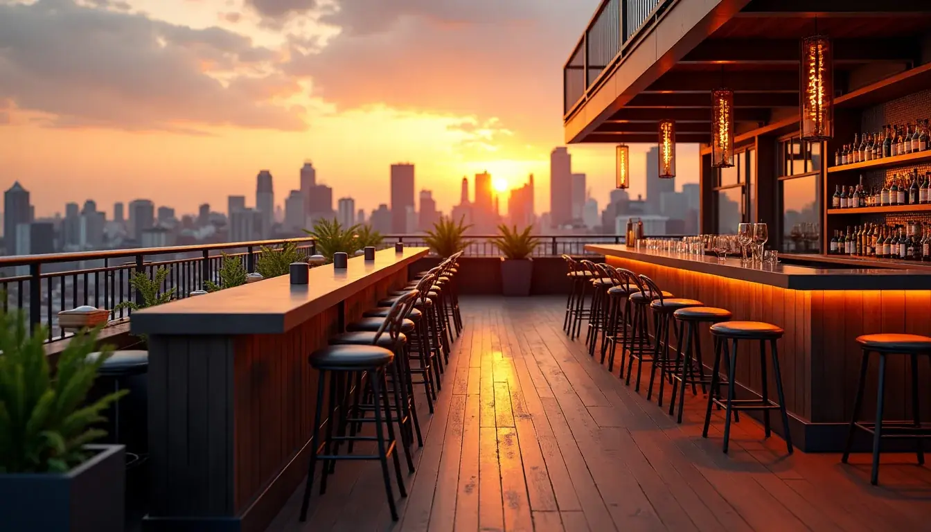Rooftop barda gün batımında metal ve döşemeli bar sandalyeleri, şehir silueti ark planında