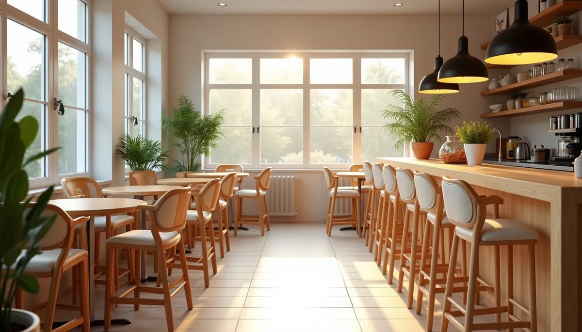 Cafe ortamında counter yüksekliğinde ahşap bar sandalyeleri doğal gün ışığı