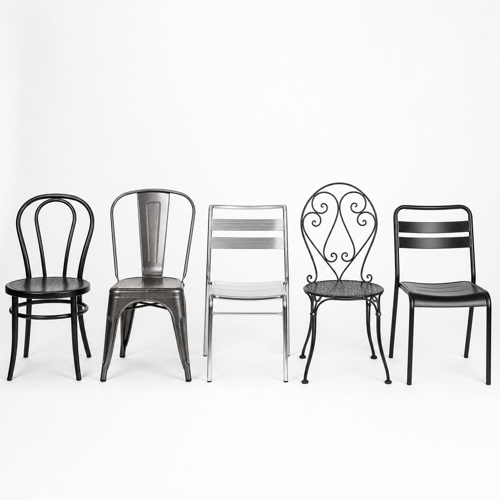 Farklı metal sandalye türleri: bistro, endüstriyel, minimalist ve döküm demir modeller