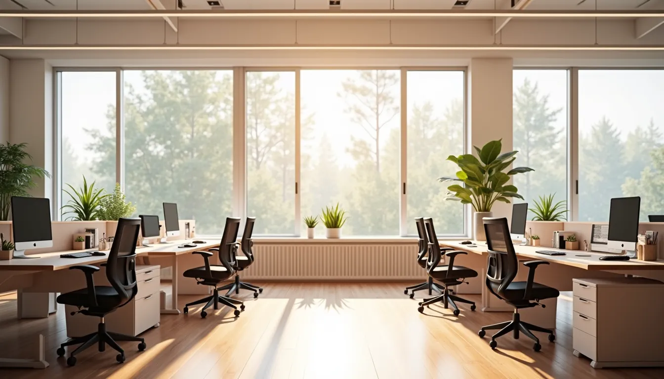 Ergonomik ofis sandalyeleri ile düzenlenmiş modern açık ofis çalışma alanı