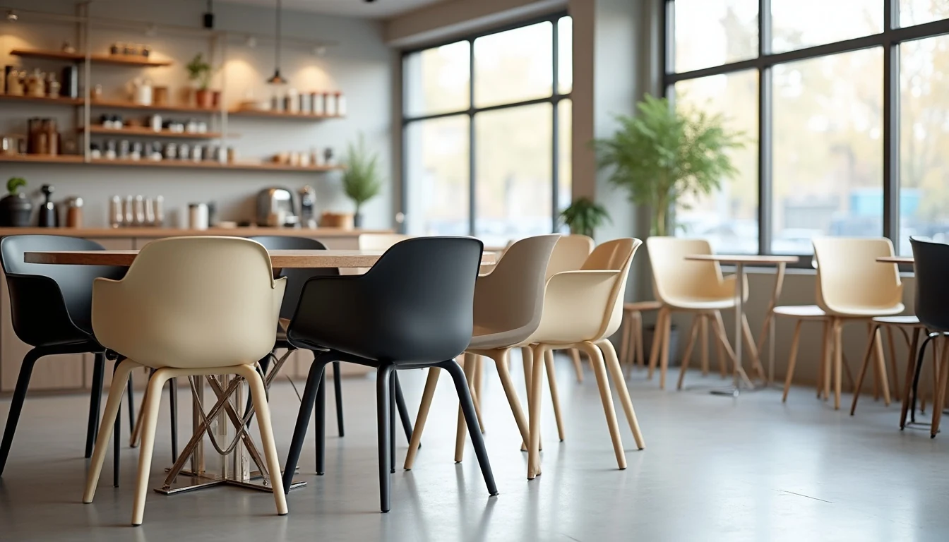 Modern kafe ic mekaninda krem ve siyah tonlarinda yiginlanabilir plastik sandalyeler, minimalist tasarim