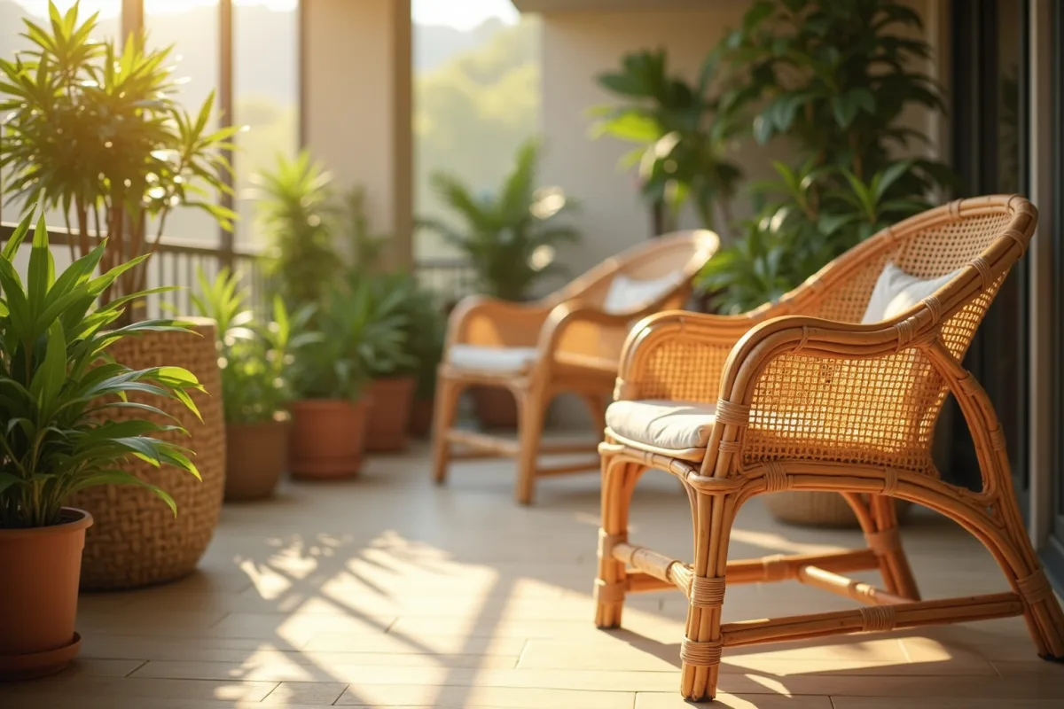 Doğal rattan dokulu sandalyelerle dekore edilmiş balkon oturma alanı Rattan sandalye seçimi - doğal rattan dokulu sandalyelerle dekore edilmiş balkon