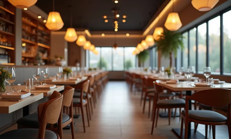 Ahşap sandalyelerle döşenmiş şık bir restoran yemek salonu, doğal ışık ve sıcak atmosfer