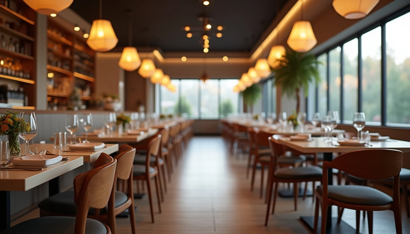 Ahşap sandalyelerle döşenmiş şık bir restoran yemek salonu, doğal ışık ve sıcak atmosfer