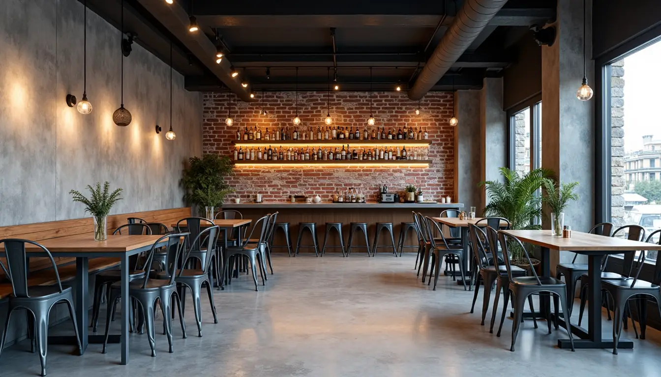 Metal sandalyelerle dekore edilmiş endüstriyel tarzda modern restoran, beton zemin ve tuğla duvar
