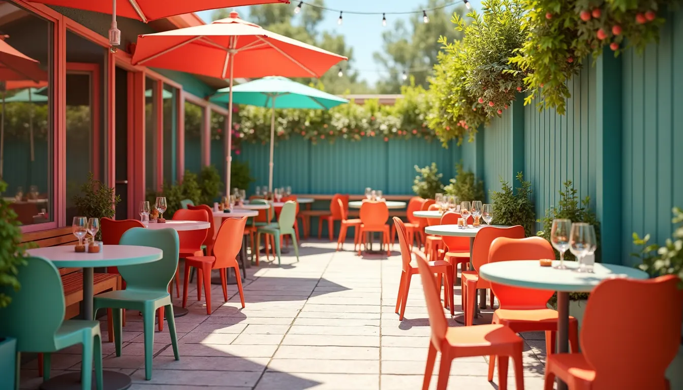 Plastik sandalyelerle döşenmiş renkli açık hava teras restoran, yeşillik ve yaz atmosferi