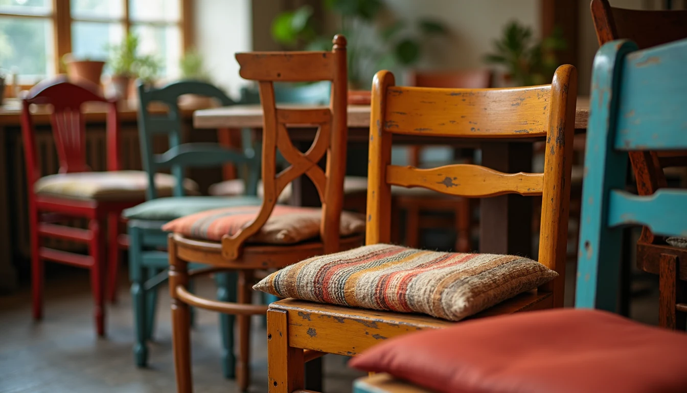 bohemian ve vintage tarzda renkli ahşap cafe sandalyeleri
